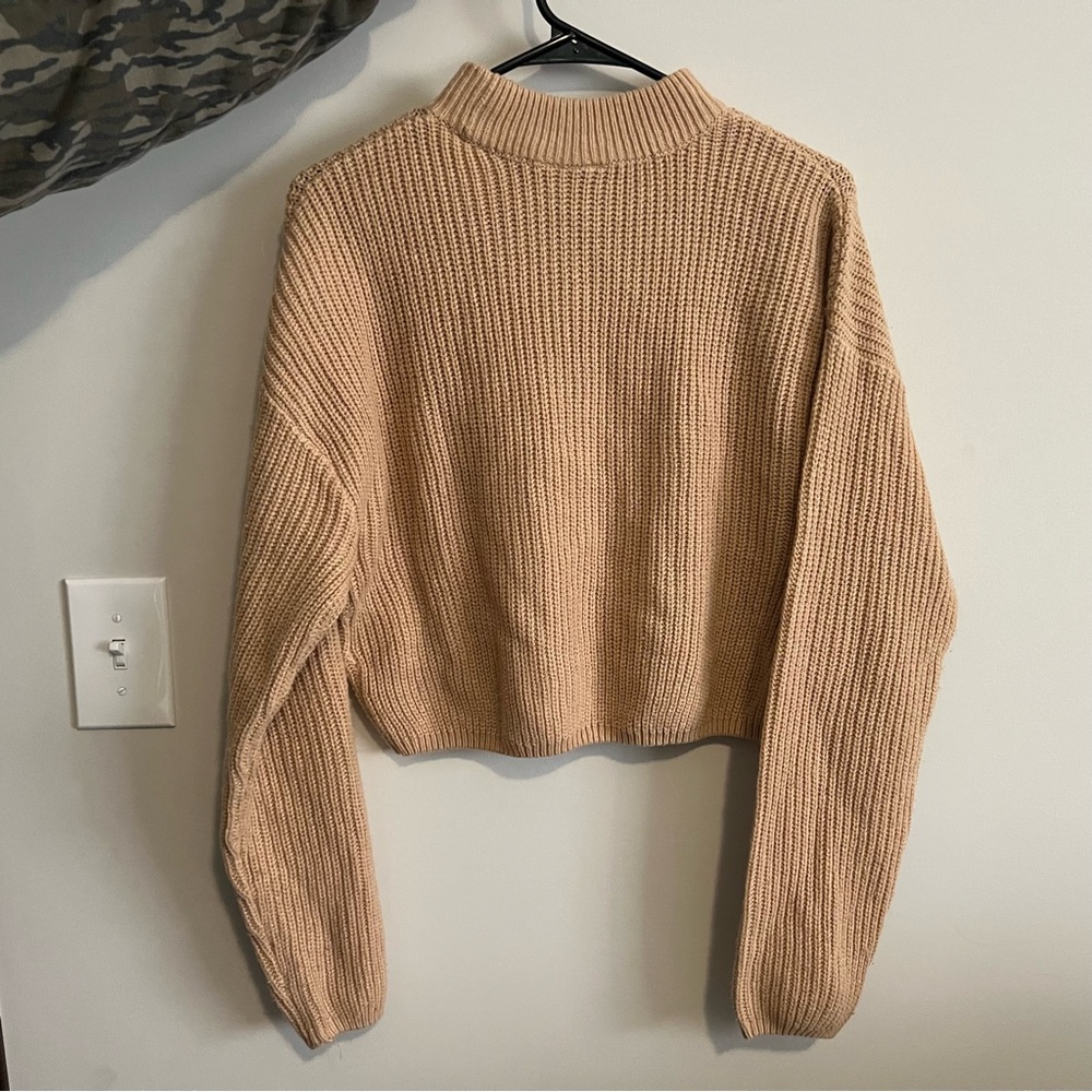 Divided Tan Cowl Neck Sweater with Ribbed Texture